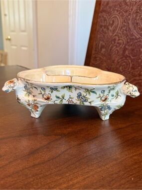 Antique Moriyama Mori-Machi Ceramic Footed Divided Dish Floral Dragons *NO Lid*